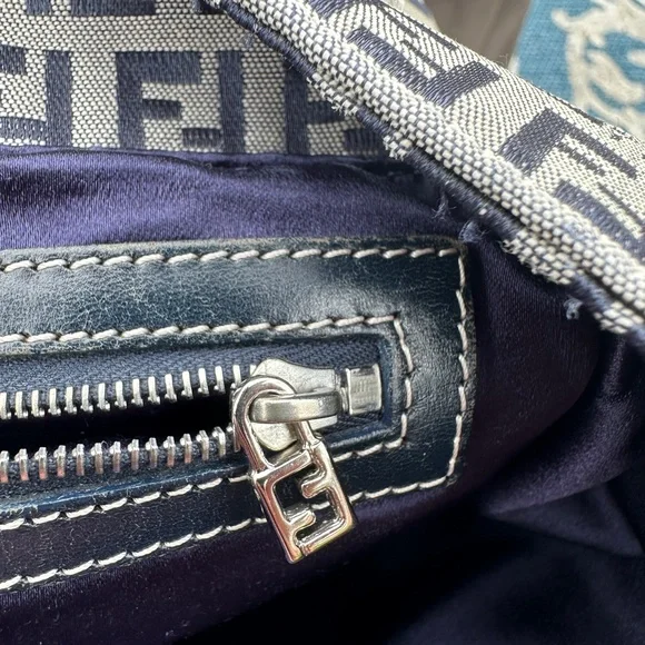 FENDI Vintage Zucchino  Navy Leather & Grey Canvas Tote Bag - Picture 11 of 17
